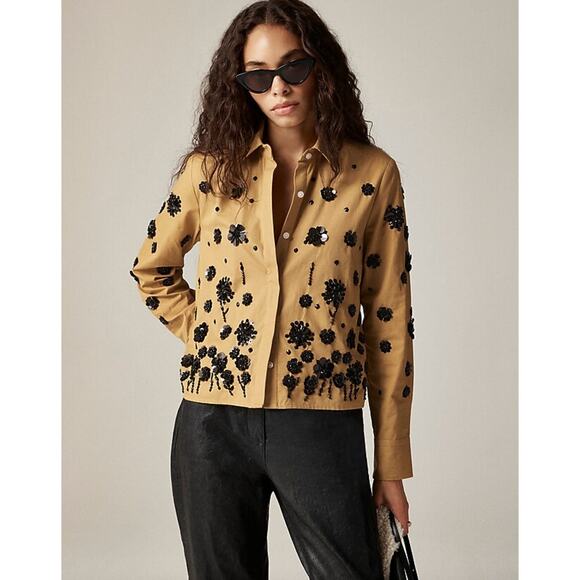 J.Crew Sequin Embellished Button Up Shirt Honey Brown Cotton Preppy US 8 NWT - Picture 1 of 14